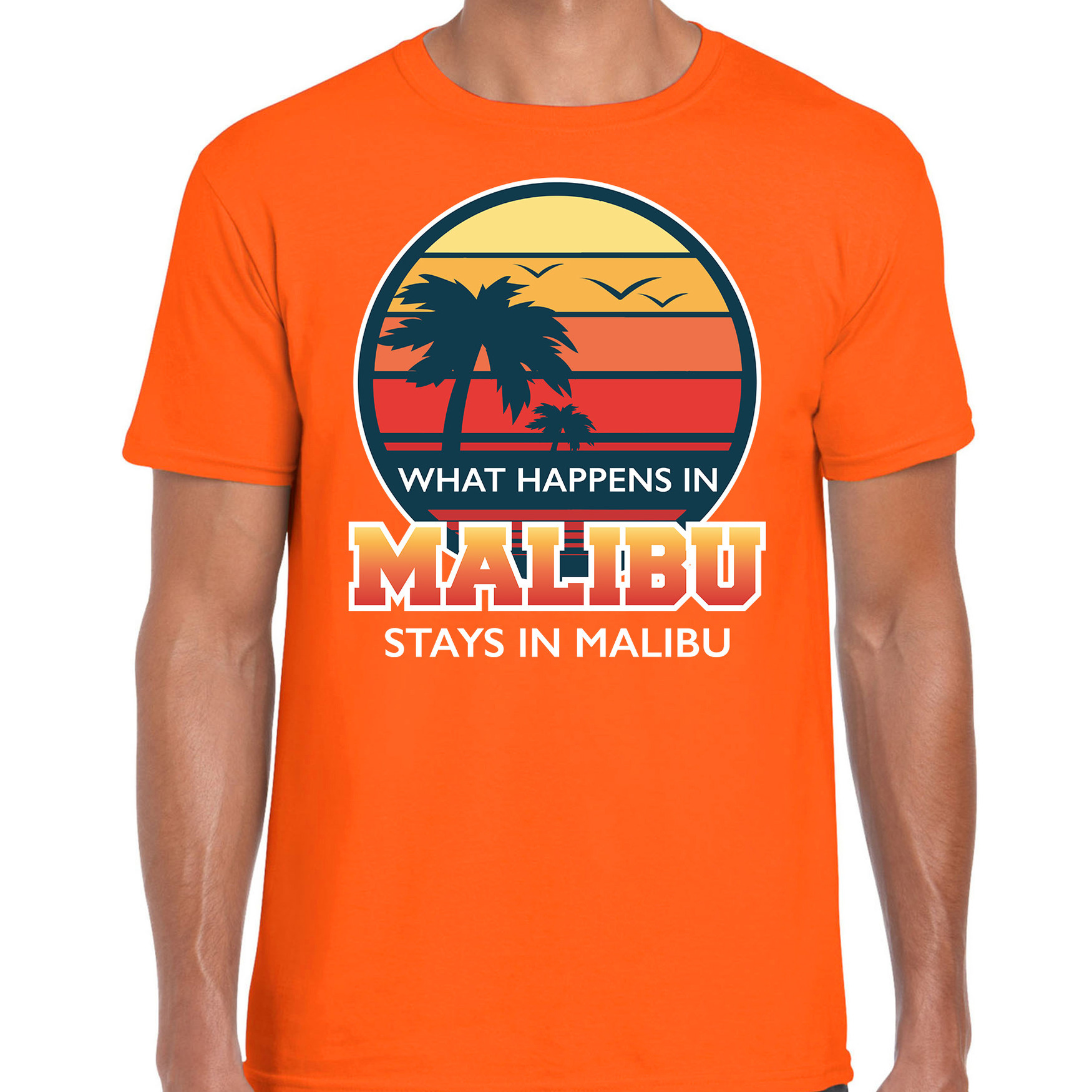 Malibu zomer t-shirt / shirt What happens in Malibu stays in Malibu oranje voor heren S - Top Merken Winkel